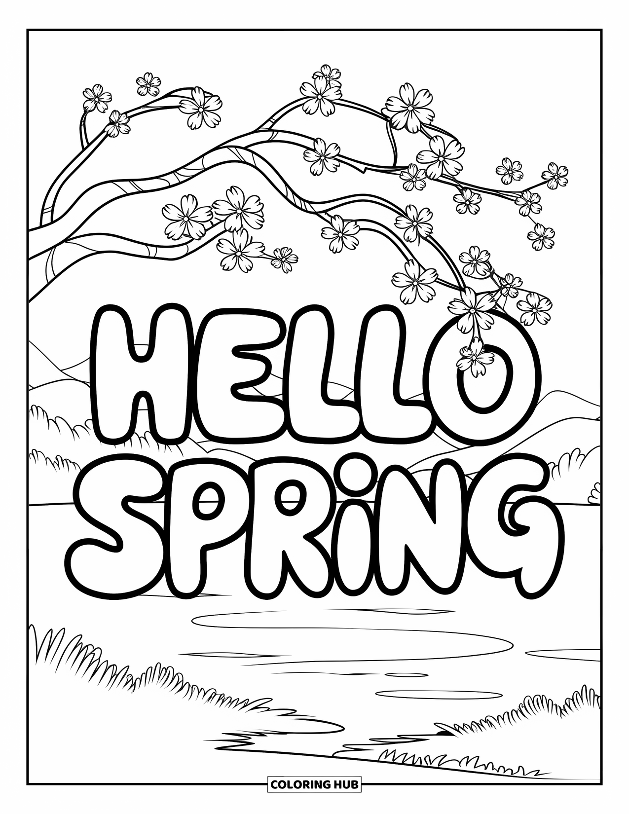 Hello Spring Coloring Page for Kids: A cherry tree over "Hello Spring" with mountains behind