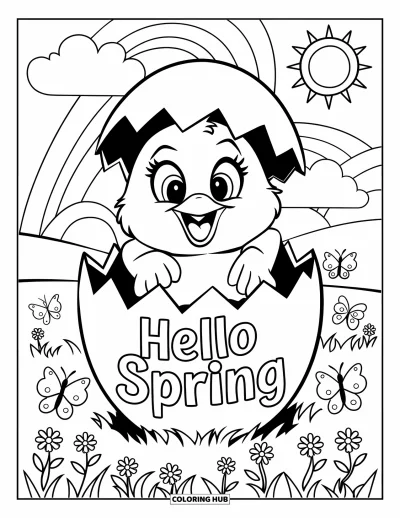 Omalovánka Vítání jara pro děti: Kuřátko vylézající z vejce s nápisem "Hello Spring" na louce