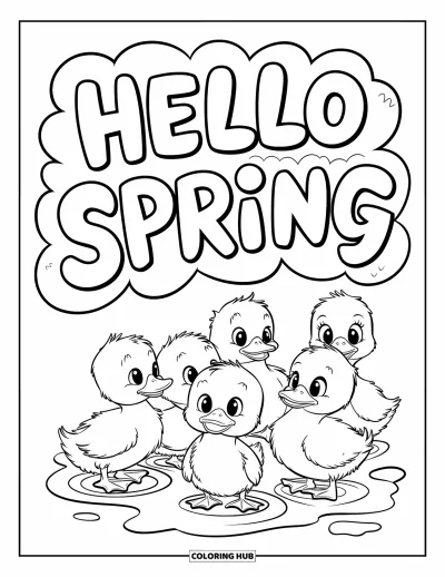 Omalovánka Vítání jara pro děti: Skupinka kačenek a oblakový text "Hello Spring"
