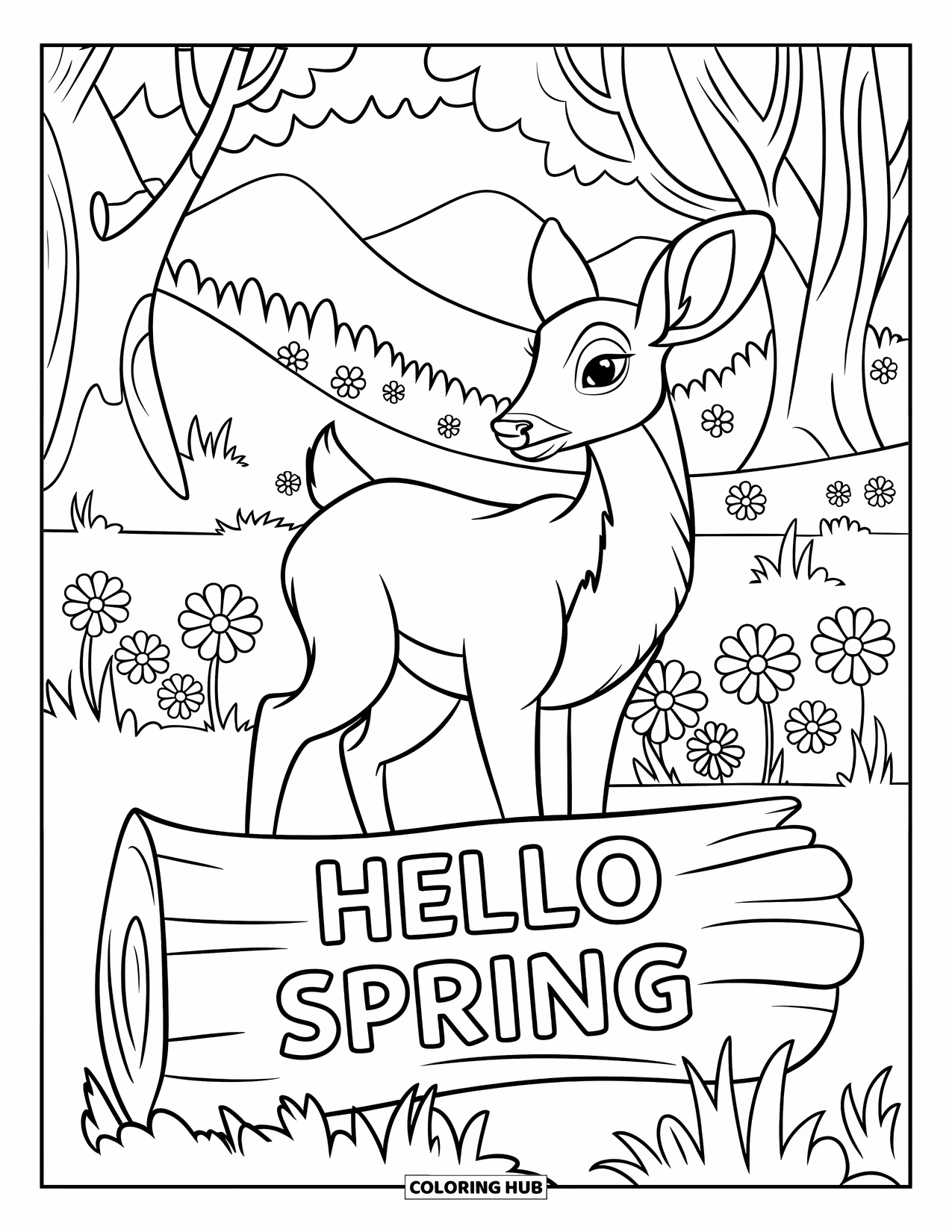 Hello Spring Coloring Page for Kids: A deer in a blooming forest glade with "Hello Spring" on a log