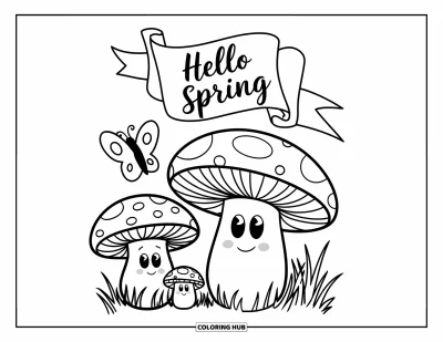 Omalovánka Vítání jara pro děti: Rodinka hub a motýlek s nápisem "Hello Spring"