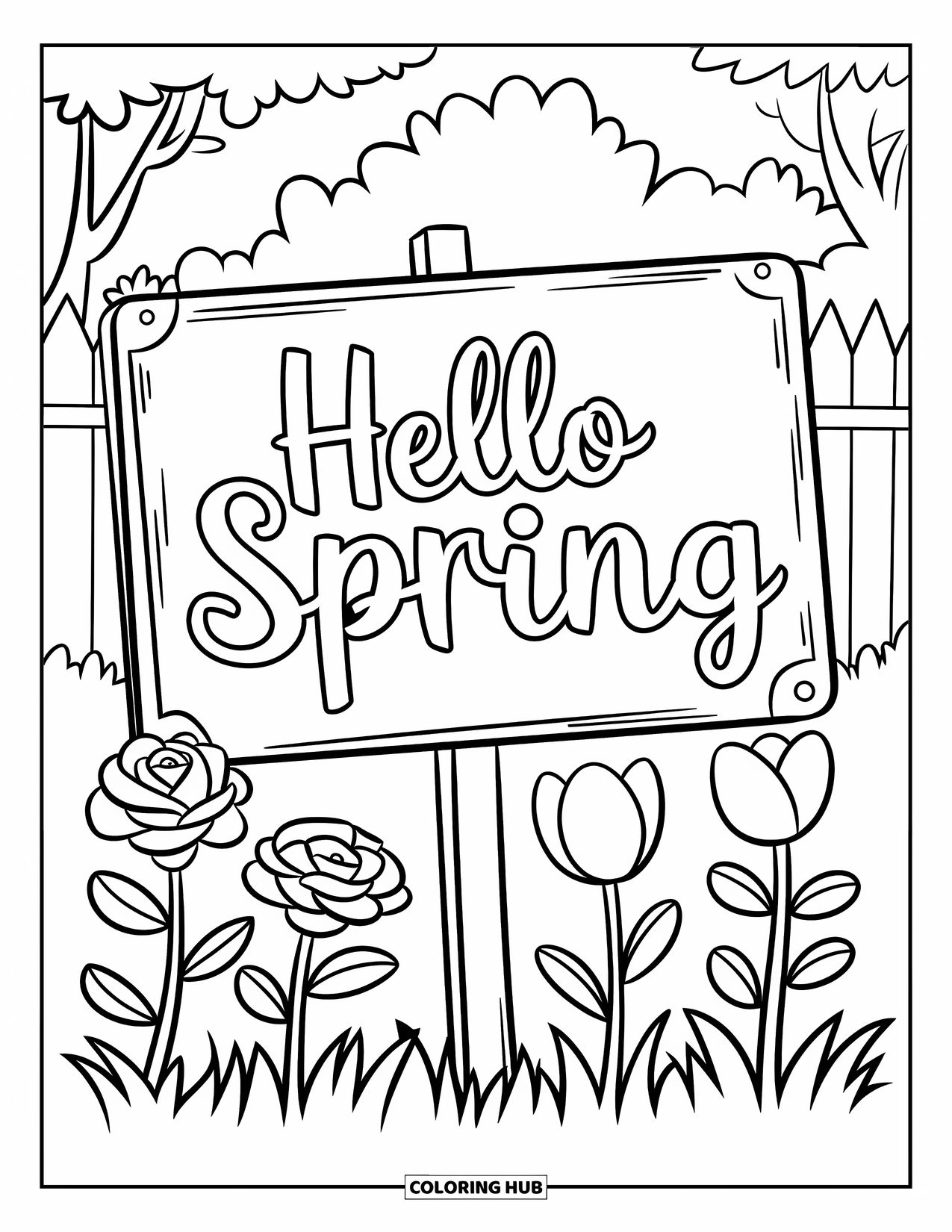 Hello Spring Coloring Page for Kids: A floral garden with a sign that says "Hello Spring"