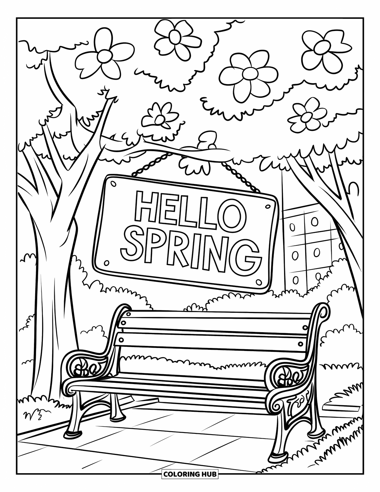 Hello Spring Coloring Page for Kids: A flowering park scene with a "Hello Spring" hanging sign