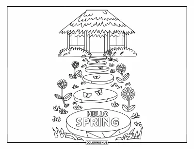 Omalovánka Vítání jara pro děti: Kvetoucí cesta vedoucí k altánu s nápisem "Hello Spring" na kameni