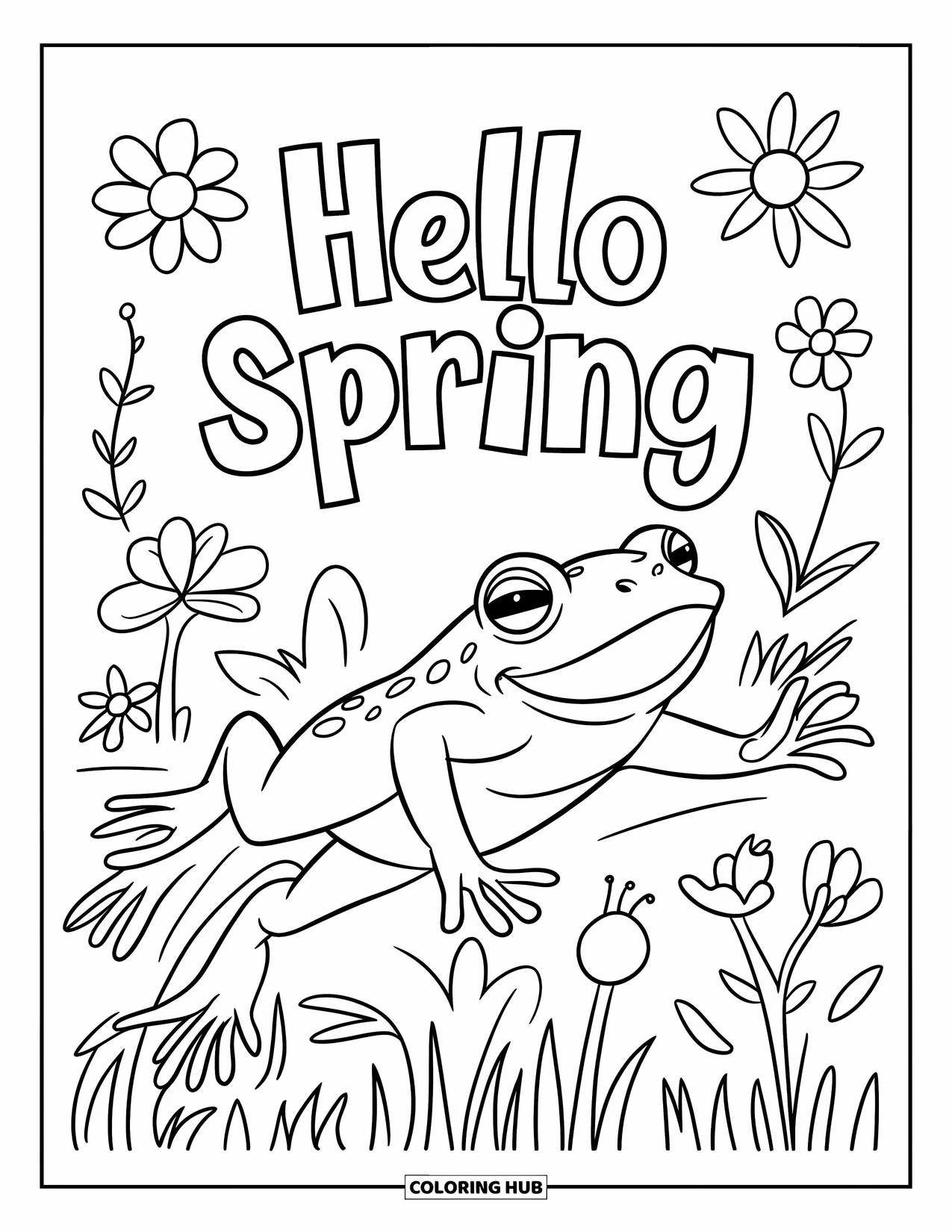 Hello Spring Coloring Page for Kids: A frog leaping in a flower garden under "Hello Spring"