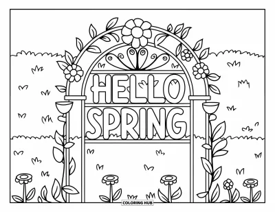 Omalovánka Vítání jara pro děti: Zahradní oblouk s nápisem "Hello Spring" a kvetoucími květinami kolem