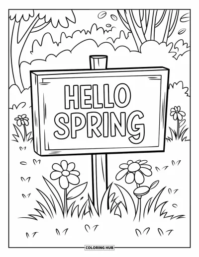 Omalovánka Vítání jara pro děti: Zahradní cedule mezi květinami s nápisem "Hello Spring"