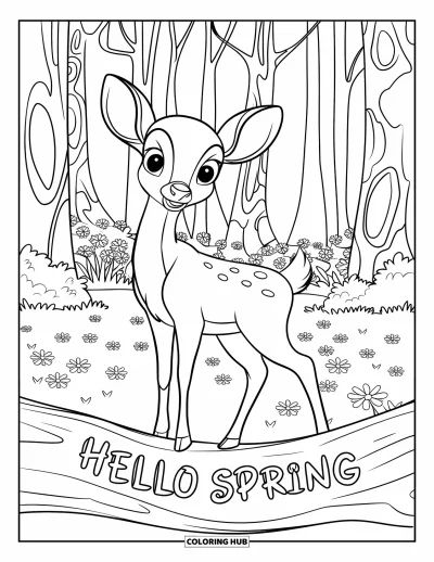 Omalovánka Vítání jara pro děti: Jemný jelen u polena s vyřezaným nápisem "Hello Spring"