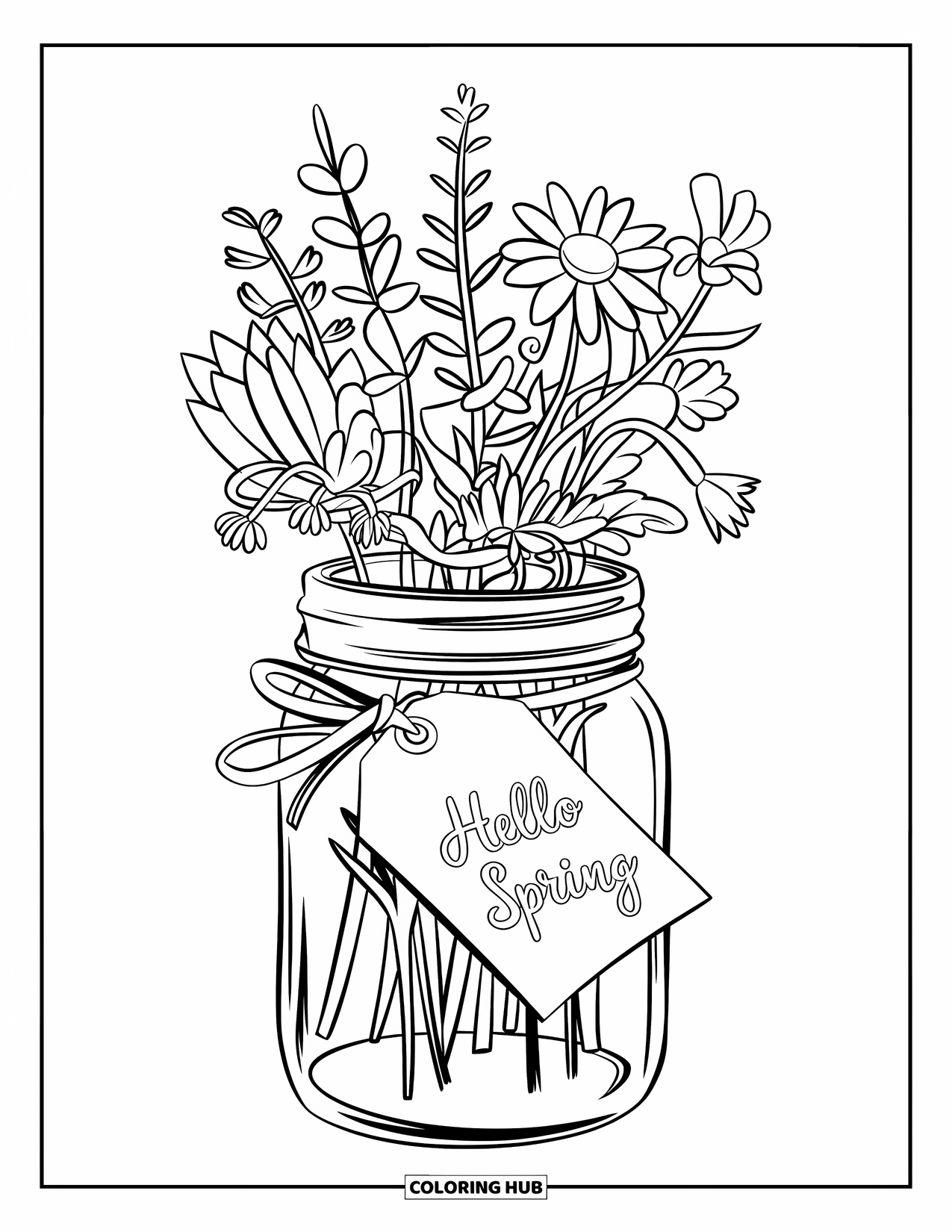 Hello Spring Coloring Page for Kids: A glass jar of flowers with a tag that reads "Hello Spring"