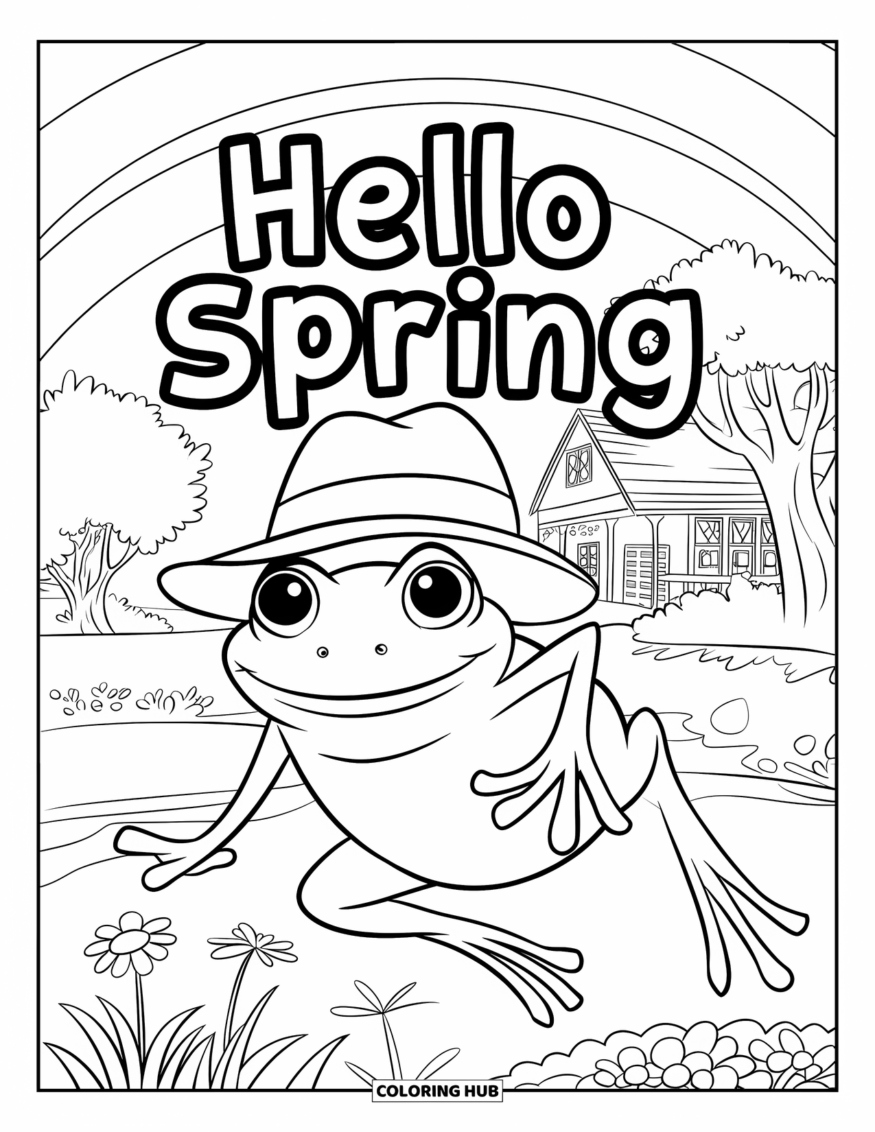 Hello Spring Coloring Page for Kids: A happy frog jumping with "Hello Spring" above