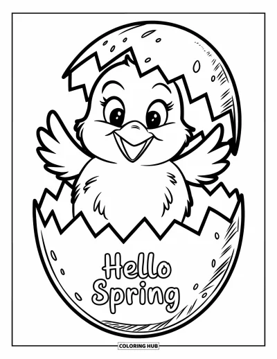 Omalovánka Vítání jara pro děti: Vylíhnuté kuřátko vedle vejce s nápisem "Hello Spring"
