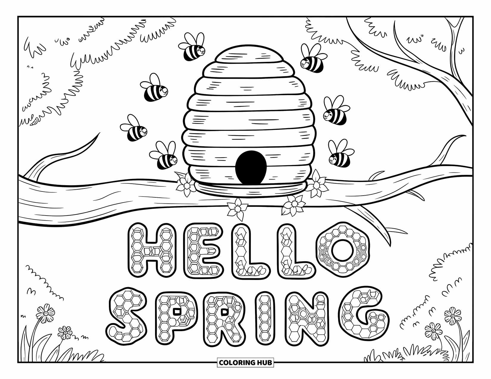Hello Spring Coloring Page for Kids: A hive on a branch with bees and "Hello Spring" honey text
