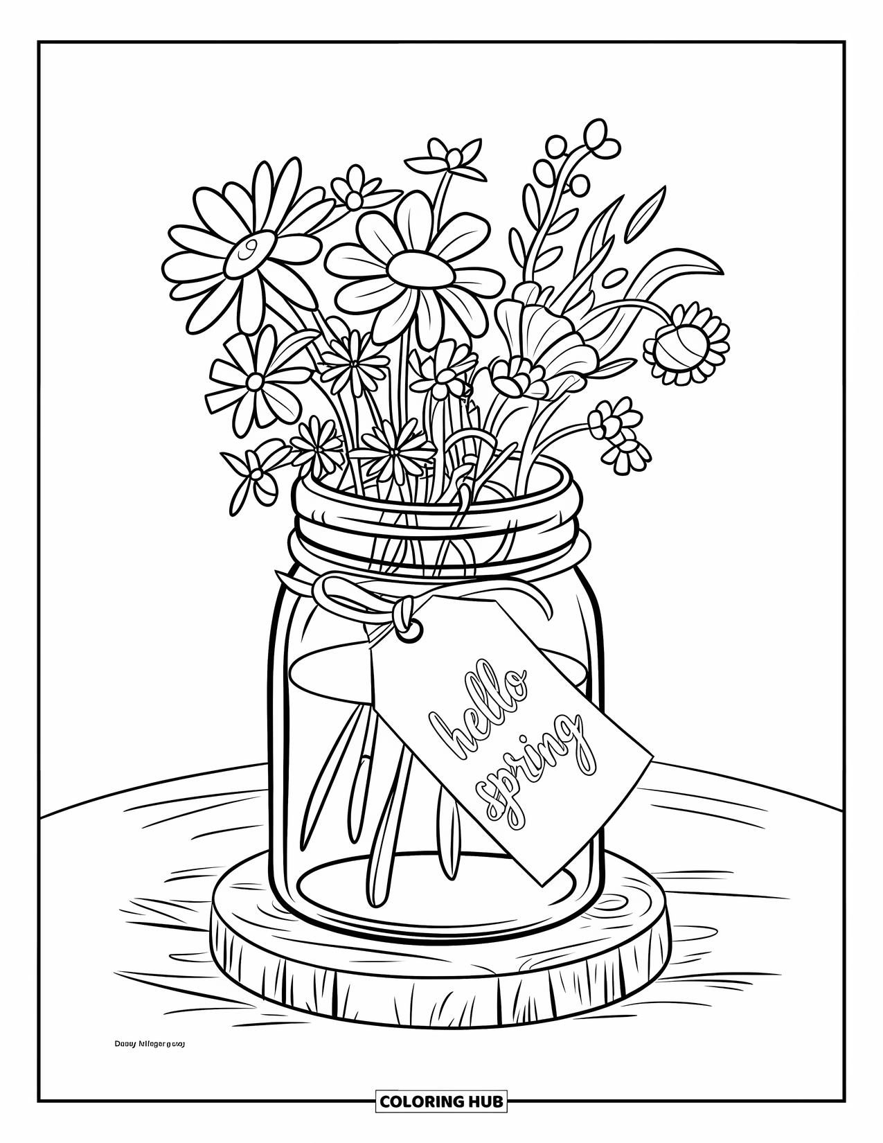 Hello Spring Coloring Page for Kids: A jar of spring blooms tied with a "Hello Spring" ribbon