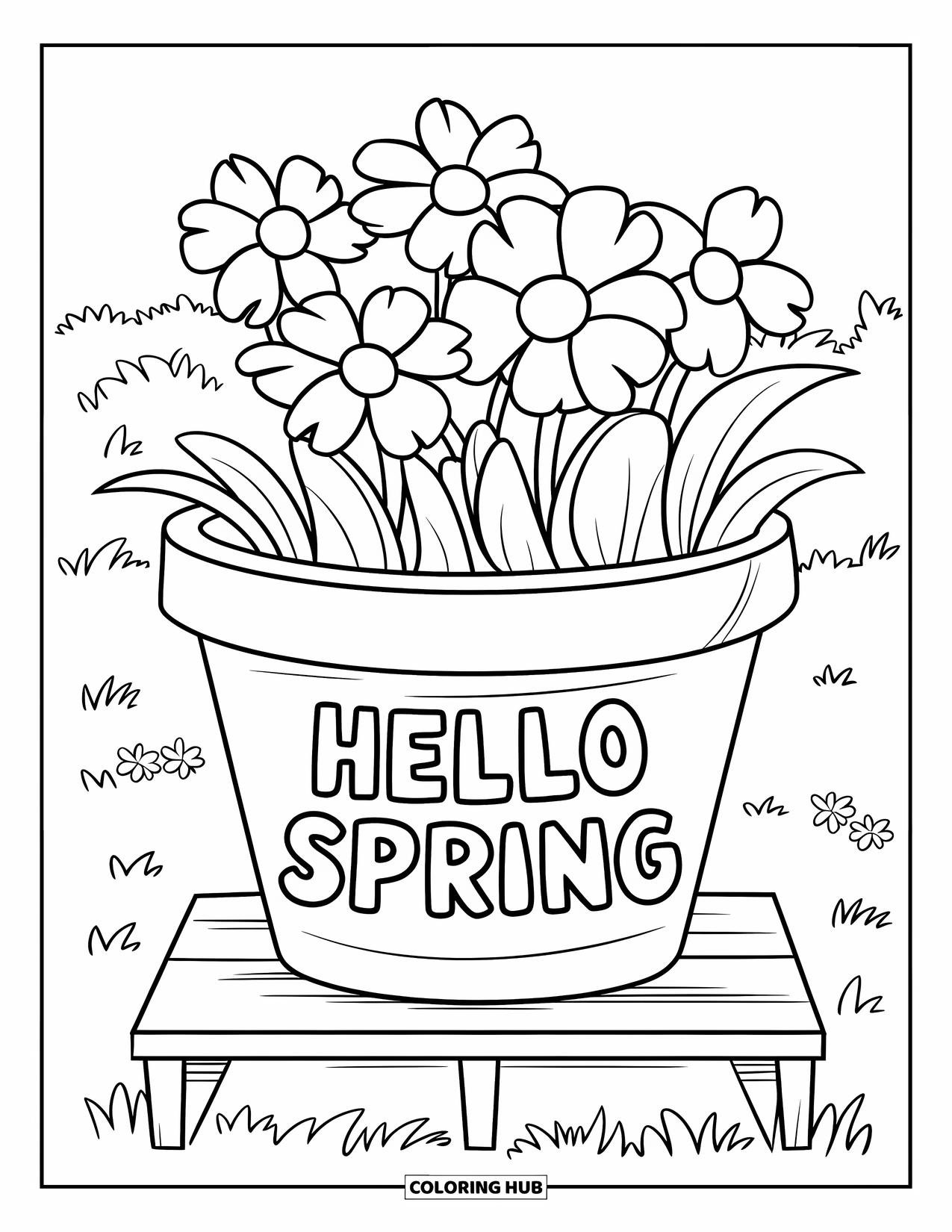 Hello Spring Coloring Page for Kids: A large flower pot with blooms and "Hello Spring" on it