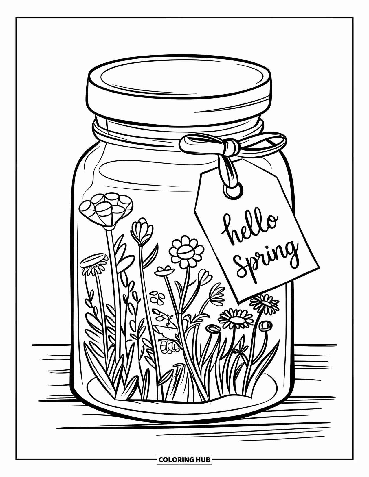 Hello Spring Coloring Page for Kids: A lidded jar filled with wildflowers labeled "Hello Spring"