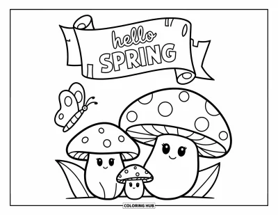 Omalovánka Vítání jara pro děti: Rodinka hub pod svitkem s nápisem "Hello Spring"