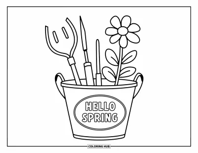 Omalovánka Vítání jara pro děti: Kbelík se zahradním nářadím s nápisem "Hello Spring"