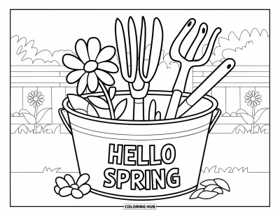 Omalovánka Vítání jara pro děti: Kbelík se zahradním nářadím označený nápisem "Hello Spring"