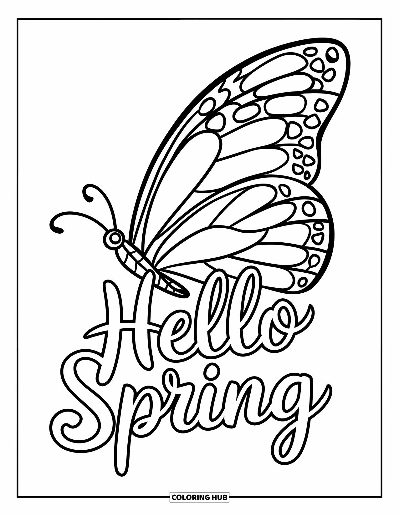 Hello Spring Coloring Page for Kids: A patterned butterfly wing with "Hello Spring" written below