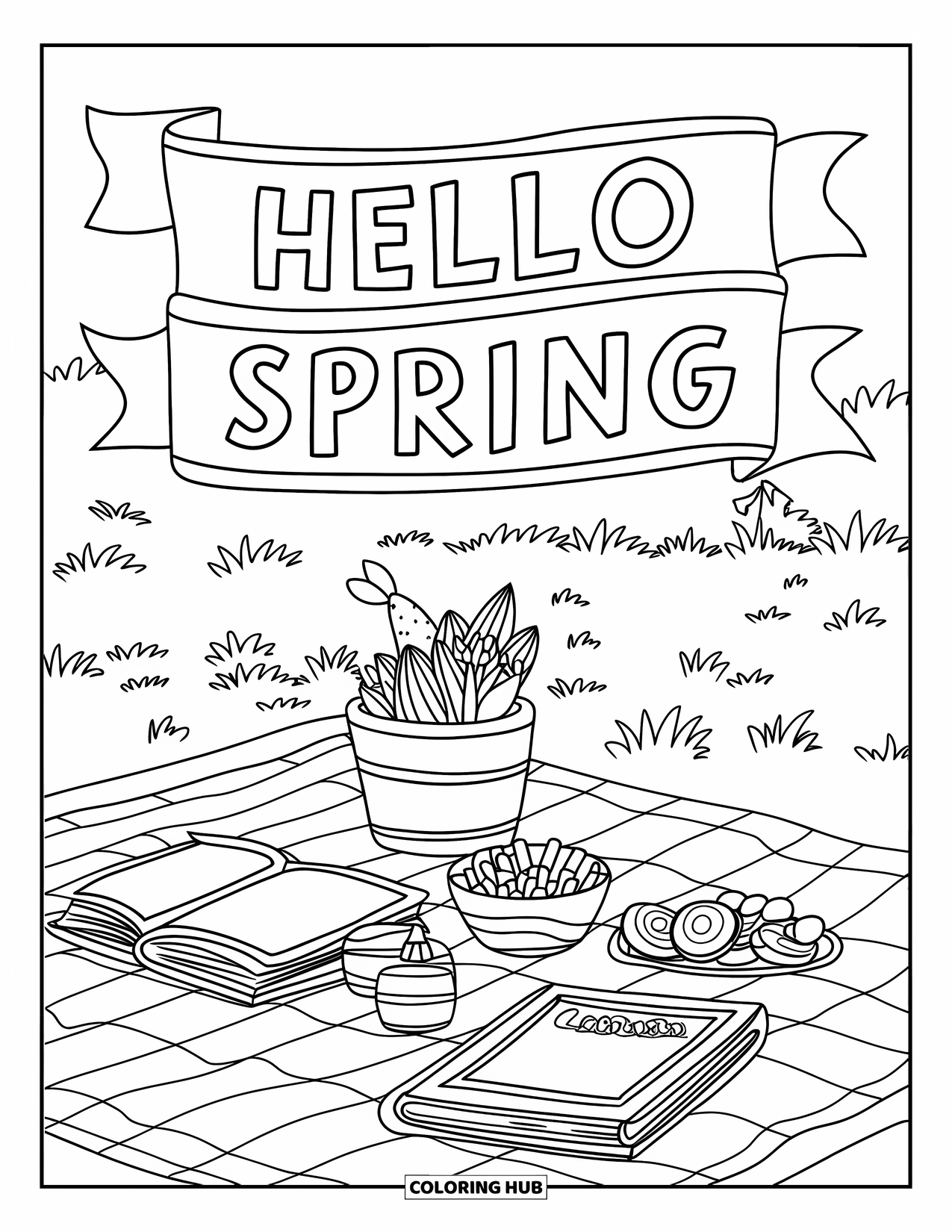 Hello Spring Coloring Page for Kids: A picnic scene with a banner that says "Hello Spring"
