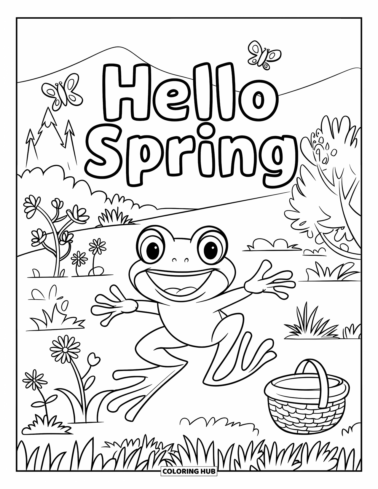 Hello Spring Coloring Page for Kids: A playful frog in a garden with flowers and "Hello Spring"