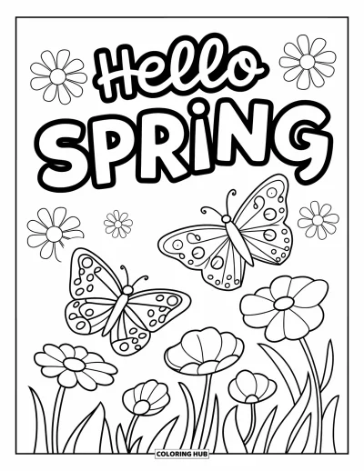 Omalovánka Vítání jara pro děti: Hravá jarní scéna s motýly a nápisem "Hello Spring"