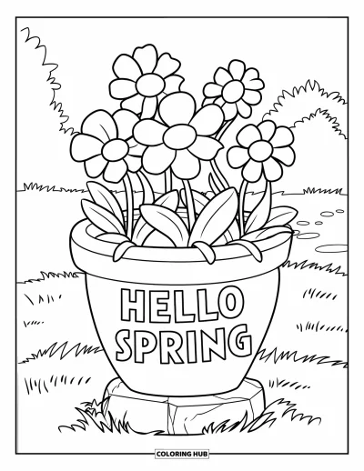 Omalovánka Vítání jara pro děti: Hrnec s jarními květinami označený "Hello Spring" na trávníku