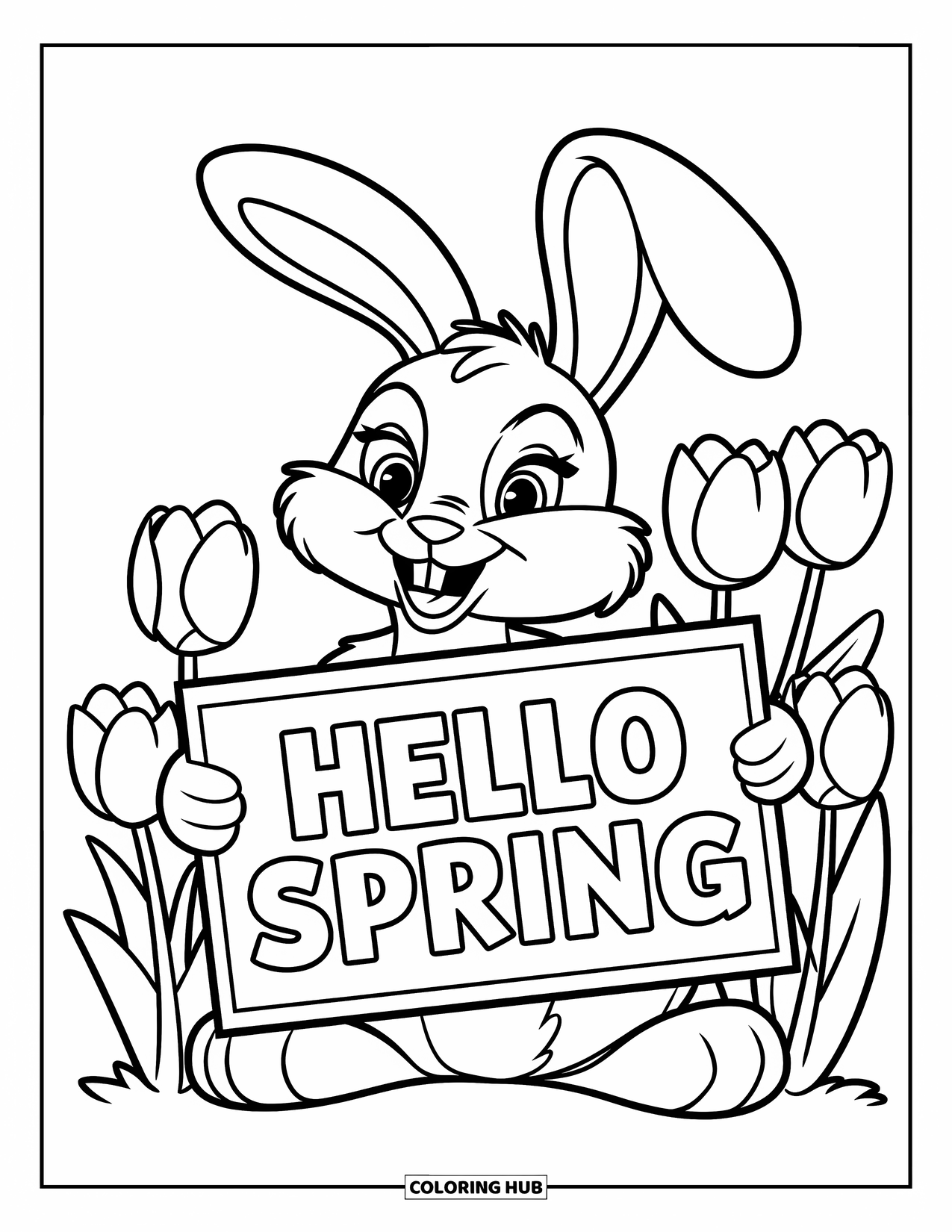 Hello Spring Coloring Page for Kids: A rabbit sitting among tulips holding "Hello Spring"