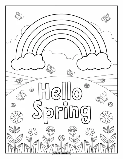 Omalovánka Vítání jara pro děti: Duhová krajina s kopci, květinami a nápisem "Hello Spring"