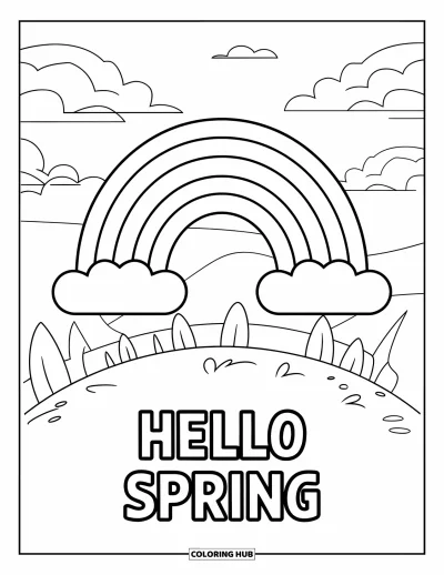 Omalovánka Vítání jara pro děti: Duha nad stromy s nápisem "Hello Spring" u paty