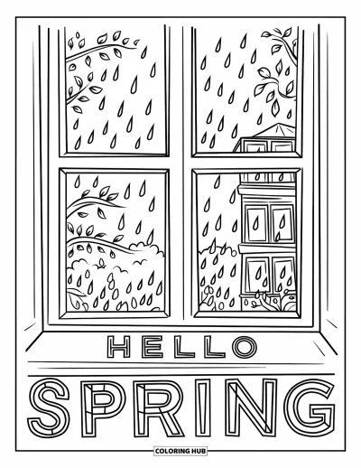 Omalovánka Vítání jara pro děti: Deštivé okno s nápisem "Hello Spring" vyřezaným na parapetu