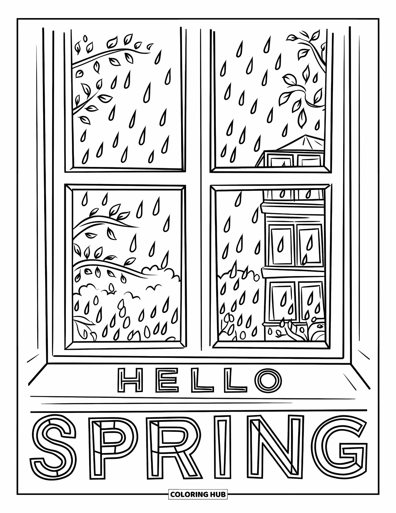 Hello Spring Coloring Page for Kids: A rainy window with "Hello Spring" engraved on the ledge