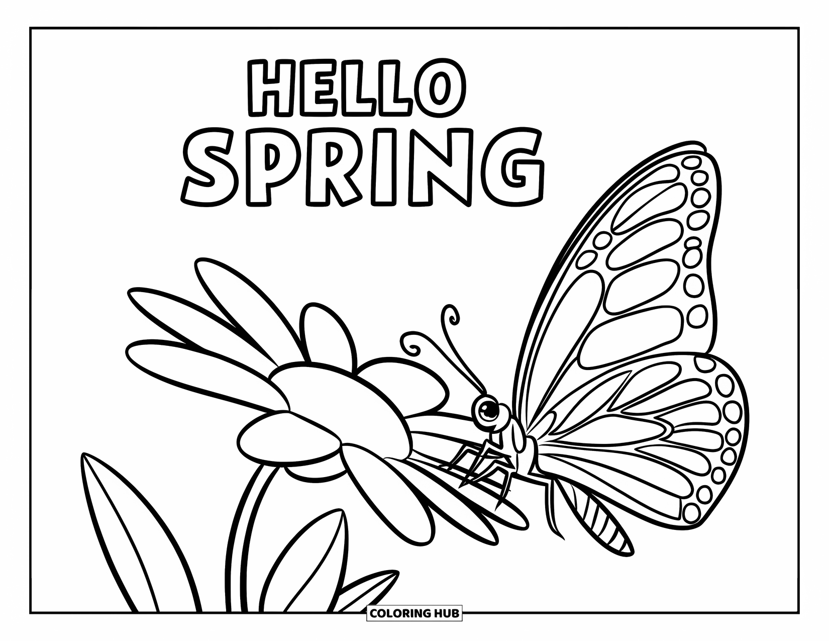 Hello Spring Coloring Page for Kids: A simple daisy with a butterfly and "Hello Spring" above