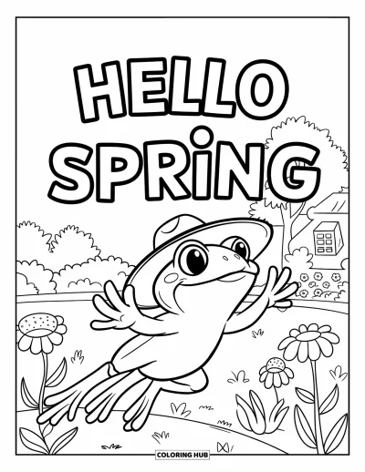 Omalovánka Vítání jara pro děti: Usmívající se žabka skákající v zahradě s nápisem "Hello Spring"