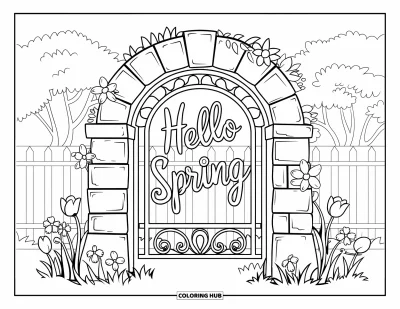 Omalovánka Vítání jara pro děti: Kamenný oblouk s nápisem "Hello Spring" obklopený tulipány a růžemi