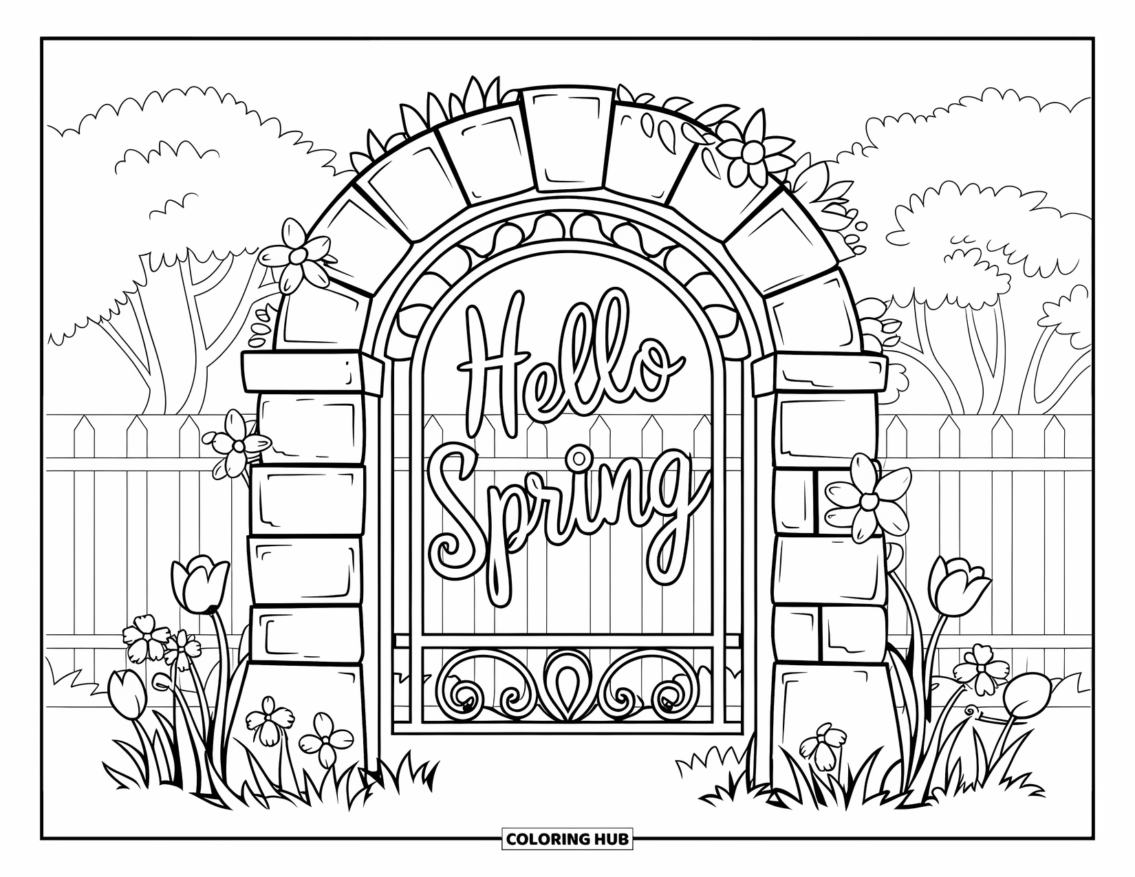 Hello Spring Coloring Page for Kids: A stone archway with "Hello Spring" surrounded by tulips and roses
