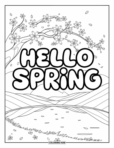 Omalovánka Vítání jara pro děti: Kvetoucí strom nad nápisem "Hello Spring" u klidného jezera