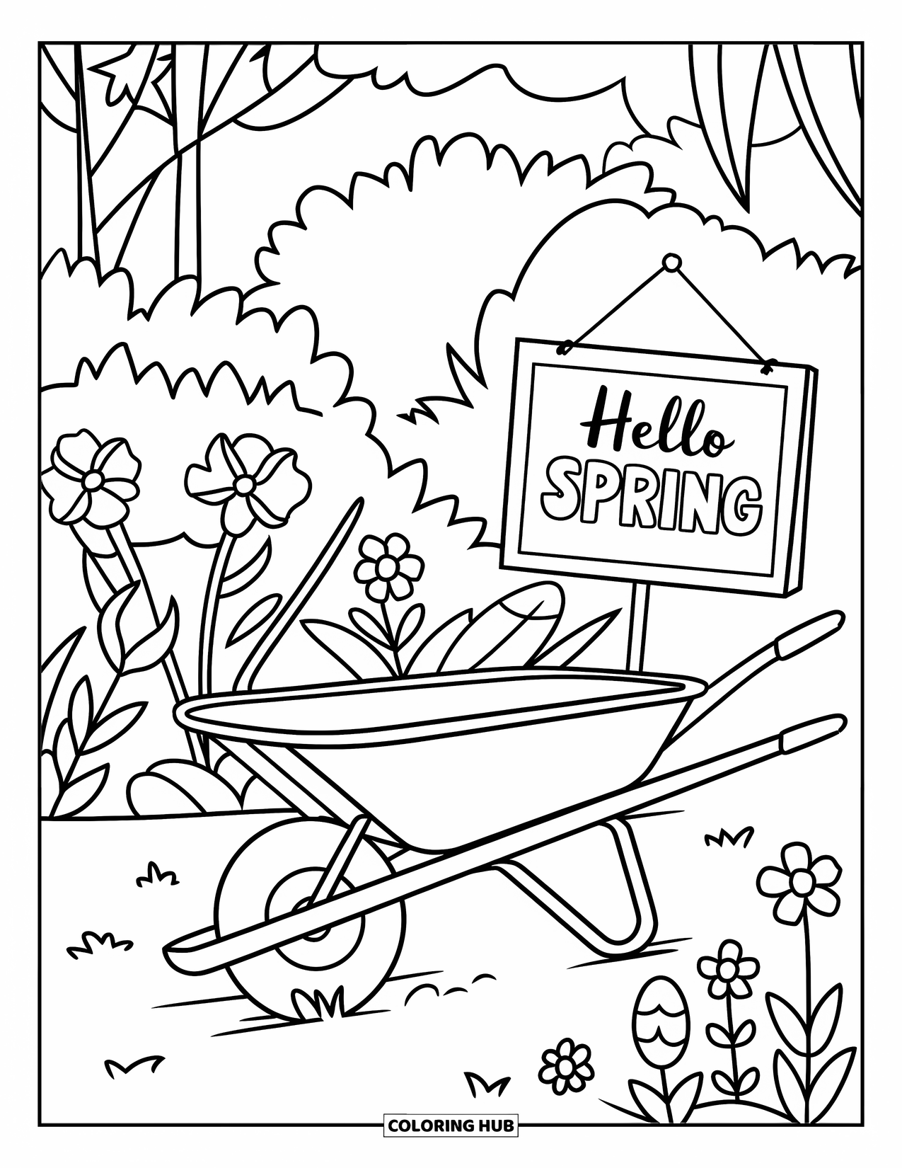 Hello Spring Coloring Page for Kids: A wheelbarrow garden scene with tools and "Hello Spring"
