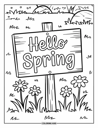 Omalovánka Vítání jara pro děti: Dřevěná cedulka v zahradě s vyřezaným nápisem "Hello Spring"