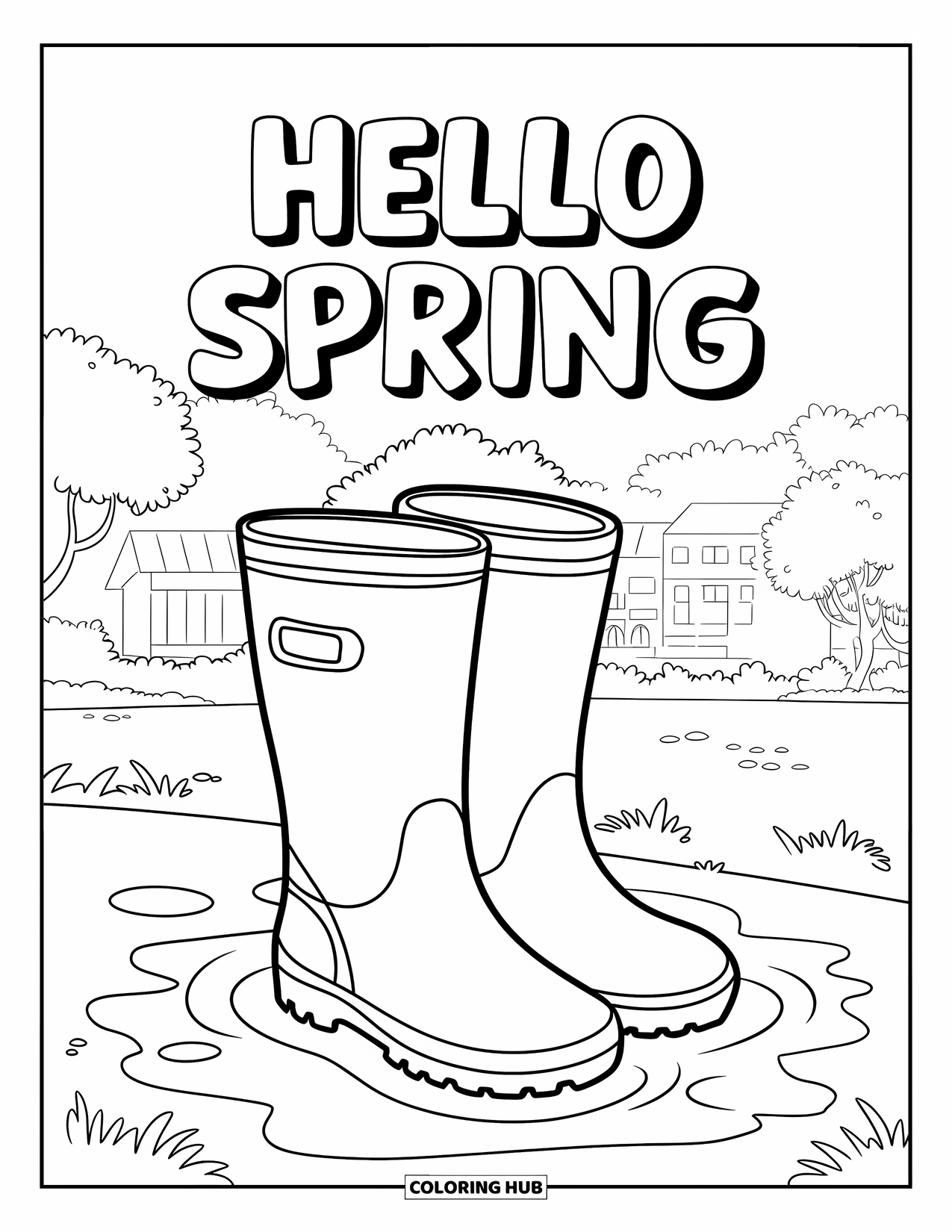 Hello Spring Coloring Page for Kids: Boots in a puddle with "Hello Spring" in chunky letters