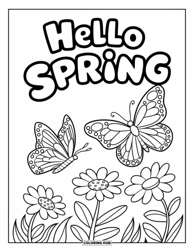 Omalovánka Vítání jara pro děti: Motýli nad květy s obloukovým nápisem "Hello Spring"