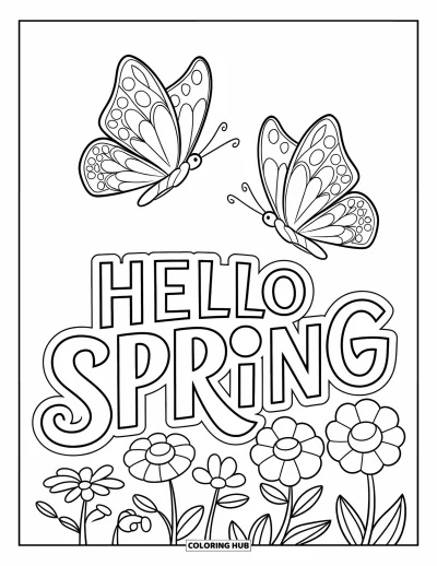 Omalovánka Vítání jara pro děti: Motýli a květiny pod tučným nápisem "Hello Spring"