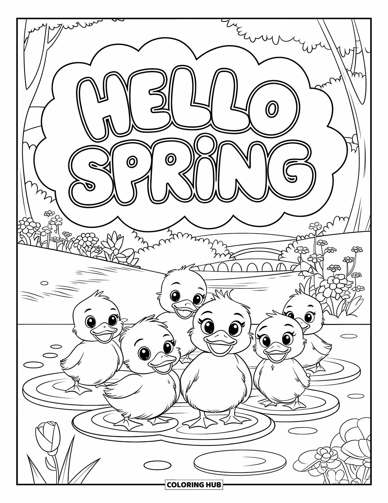 Hello Spring Coloring Page for Kids: Ducklings in puddles beneath "Hello Spring" cloud letters