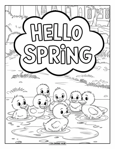 Omalovánka Vítání jara pro děti: Kačenky si hrají pod textem "Hello Spring" ve tvaru obláčků