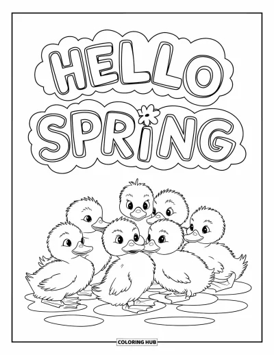 Omalovánka Vítání jara pro děti: Kačenky cákající v loužích s nápisem "Hello Spring" v oblacích