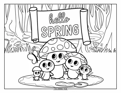Omalovánka Vítání jara pro děti: Houby a motýl pod svitkem s nápisem "Hello Spring"