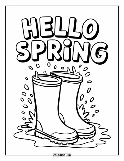 Omalovánka Vítání jara pro děti: Hravé holínky s cákanci a nápisem "Hello Spring"
