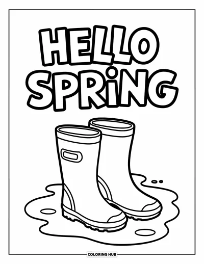 Omalovánka Vítání jara pro děti: Holínky cákající v loužích pod nápisem "Hello Spring"