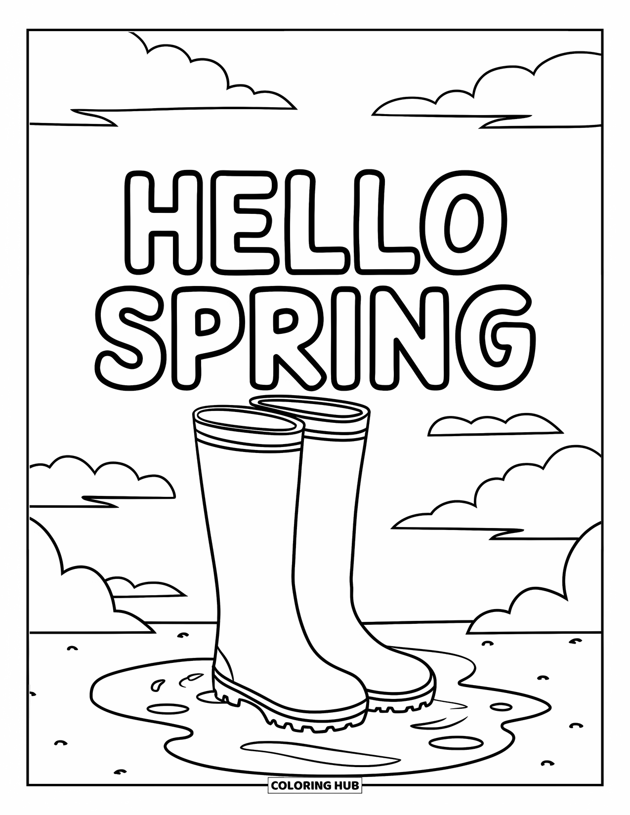 Hello Spring Coloring Page for Kids: Rain boots with puddles and big "Hello Spring" text
