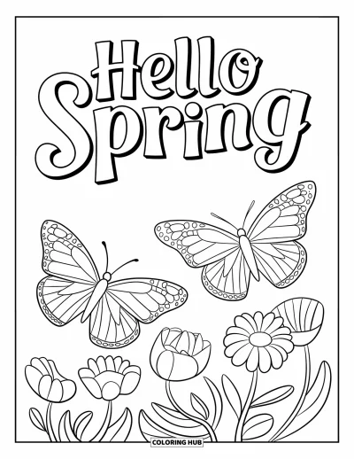 Omalovánka Vítání jara pro děti: Dva motýli nad květinami s obloukovým nápisem "Hello Spring"